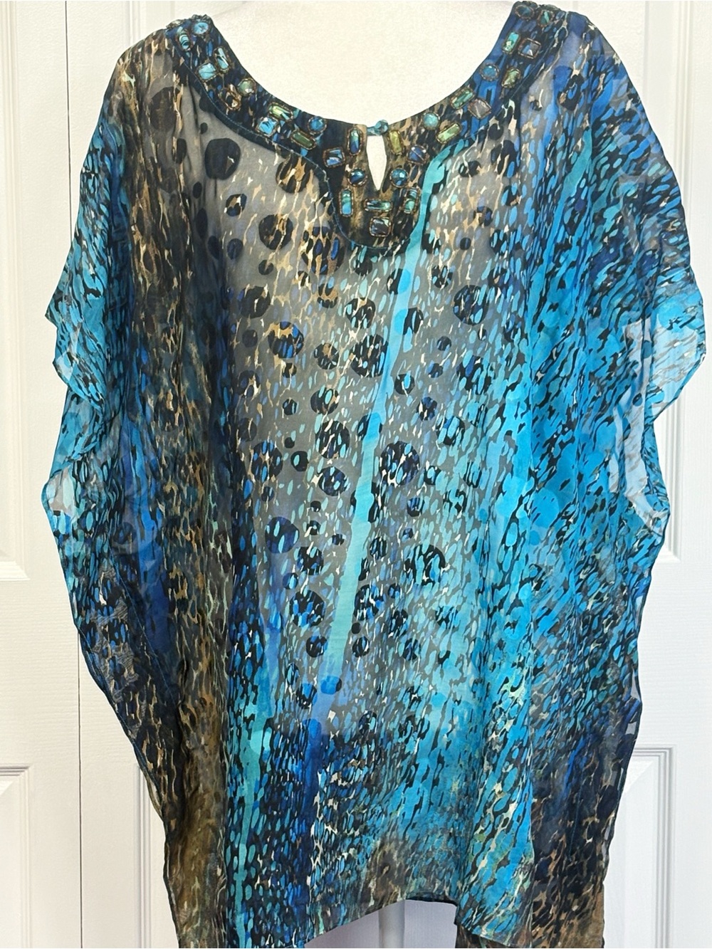Chico's Beaded Sheer Turquoise Blue & Brown Print Silk Blend Poncho Top M/L